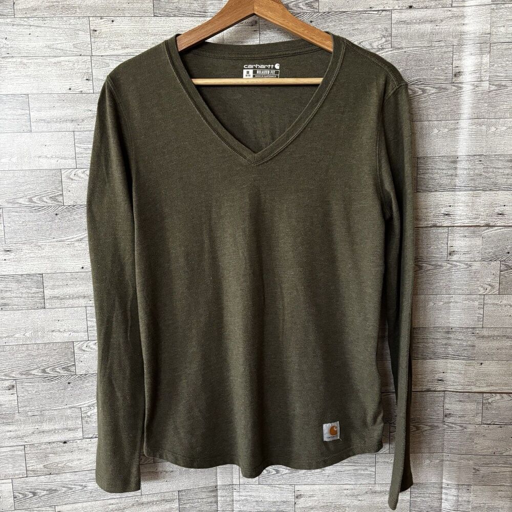 Carhartt Long Sleeve Green women's medium Hiking V-Neck T-Shirt Relaxed Fit